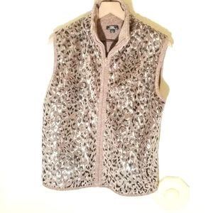 Lisa International Faux Fur Animal Print Vest Size LARGE Leopard Spot Zip Front